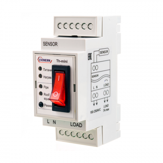 Extherm Th-mini Термостат для управления системой электрообогрева на кровлях/площадках/трубах с фиксированными настройками в комлекте с датчиком температуры, ток 7 А