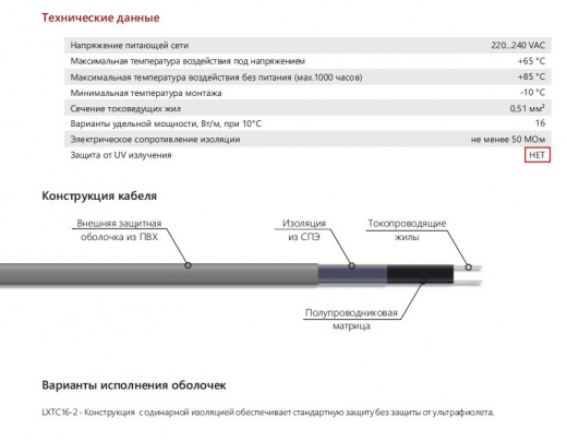 Extherm LXTC16-2CR Саморегулирующийся нагревательный кабель строительного применения (трубы) 16 Вт/м, термопласт