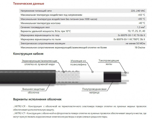 Extherm 10HXTR2-CT Саморегулирующийся нагревательный кабель промышленного применения 10 Вт/м, 16AWG, фторопласт